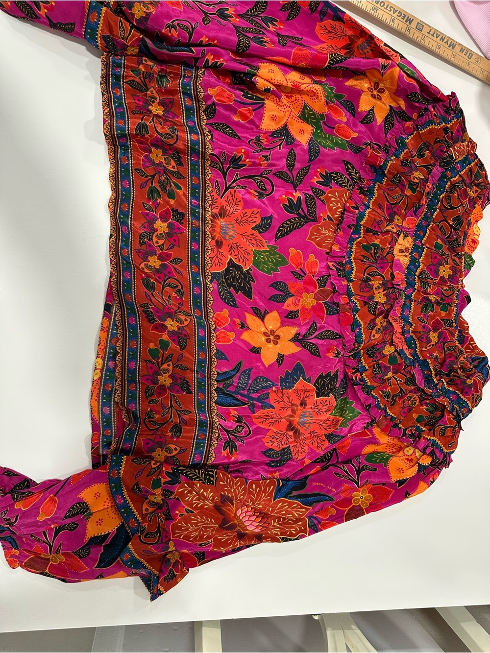 FARM Rio Pink Floral Ruffled Blouse with Orange and Green Accents